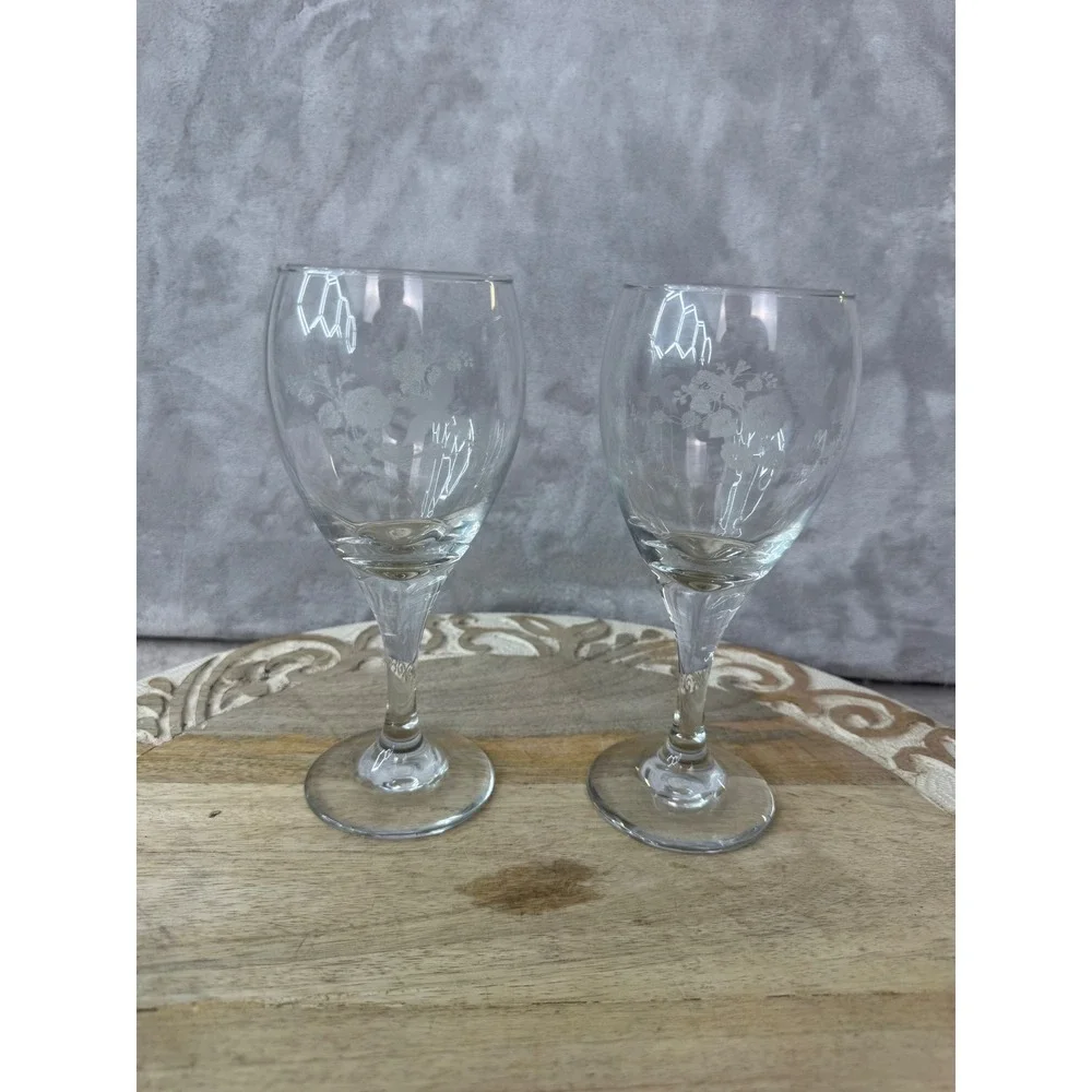Set of 2 Etched Hummingbird Wine Glasses Clear Frosted Floral Stemware 7 inch
